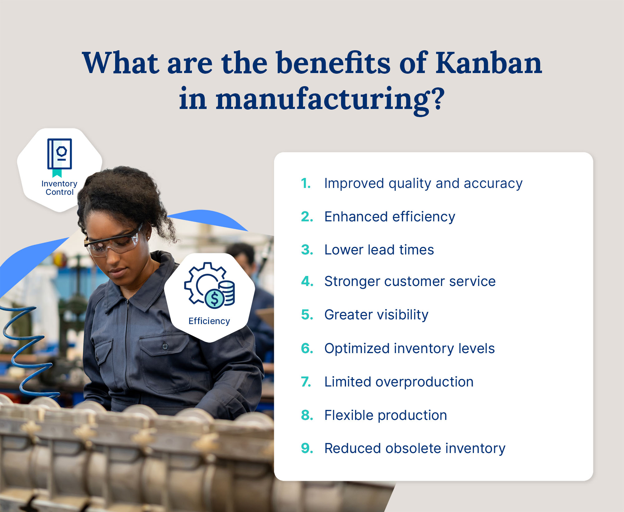 A list of the major benefits of using Kanban for manufacturing alongside a woman working on a production line.