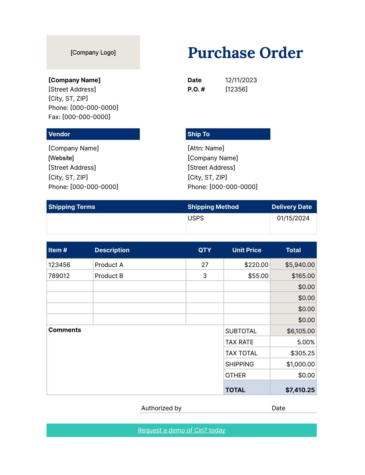 A template for a standard purchase order.