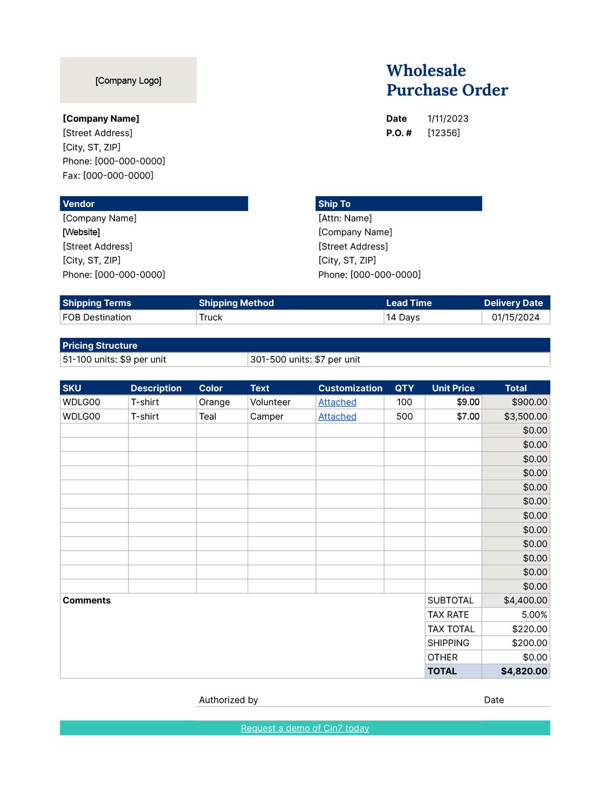 A template for a wholesale purchase order. 