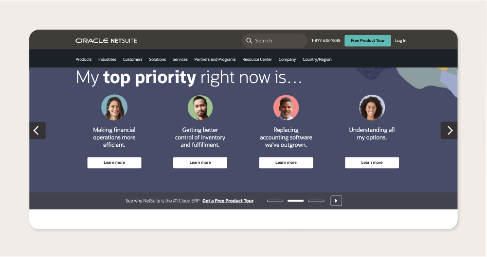 Screenshot of NetSuite’s homepage.